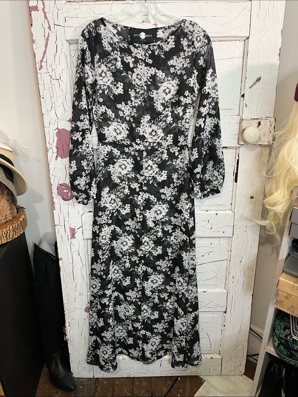 NWT Nasty Gal AFTER PARTY Black & White Floral Long Sleeve Maxi Dress Sheer XS